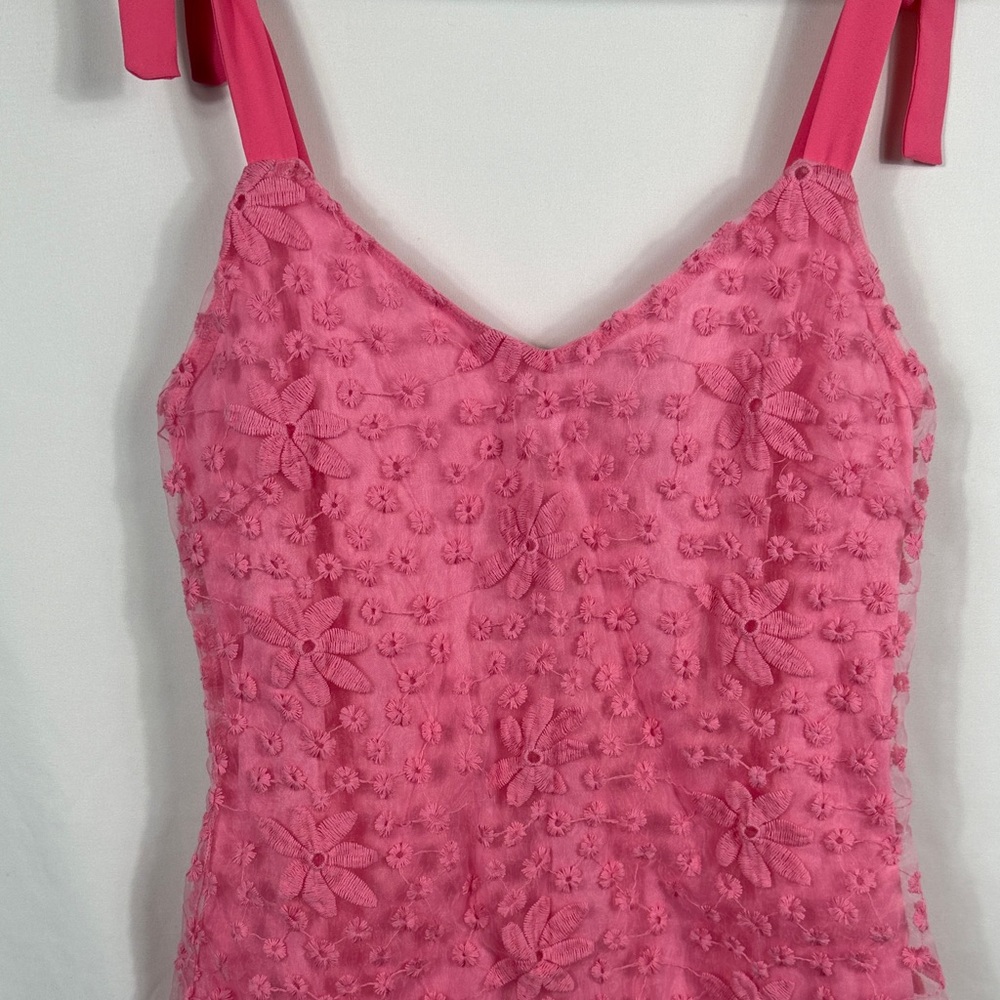 Francesca’s Blue Rain Vibrant Pink Floral Lace Overlay Mini Dress. Womens Size S